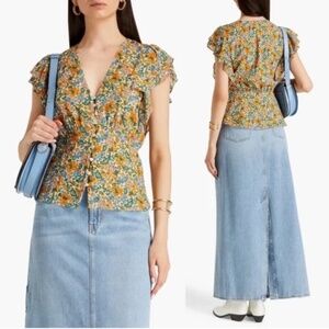 Veronica Beard silk Polly flutter sleeve V-neck top floral ruffle button front